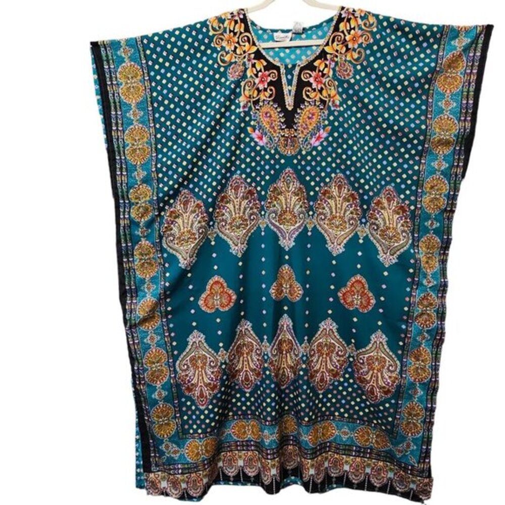 Sante Womens Kaftan Dress Free Size Blue Paisley Kimono Sleeve Maxi V-Neck‎